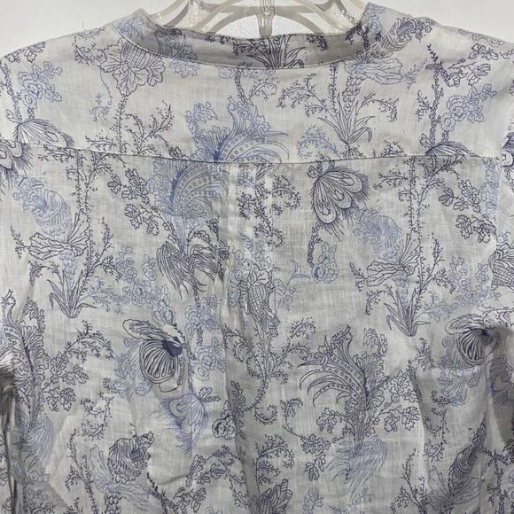 Malvin Women's White Blue Floral Print I Love Linen Button Up Blouse Size 8 - Picture 11 of 12